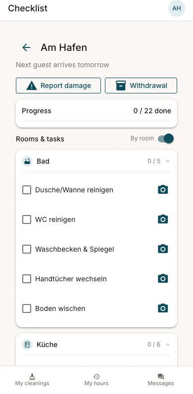 The checklist of a running clean on the phone, split by room, with progress.