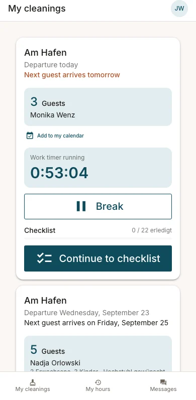 A cleaner’s phone view during a running clean, with the working time ticking.