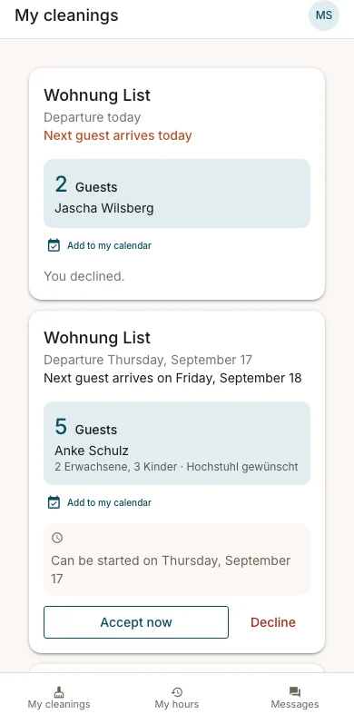 “My cleans” on a cleaner’s phone: the next jobs with property, check-out, guest and number of people.