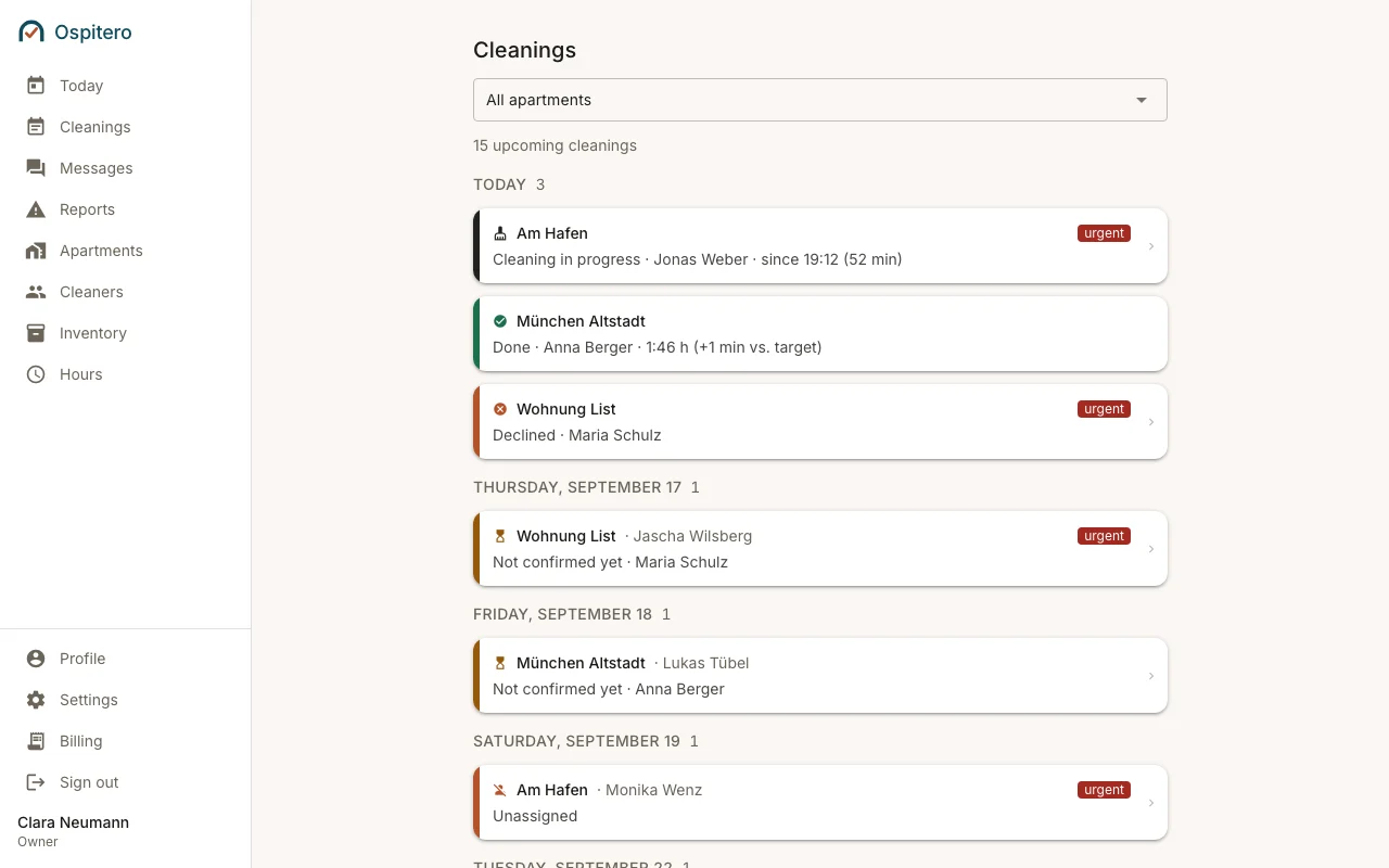 The “Cleans” page: every upcoming clean grouped by day, with property, guest and the cleaner in charge.