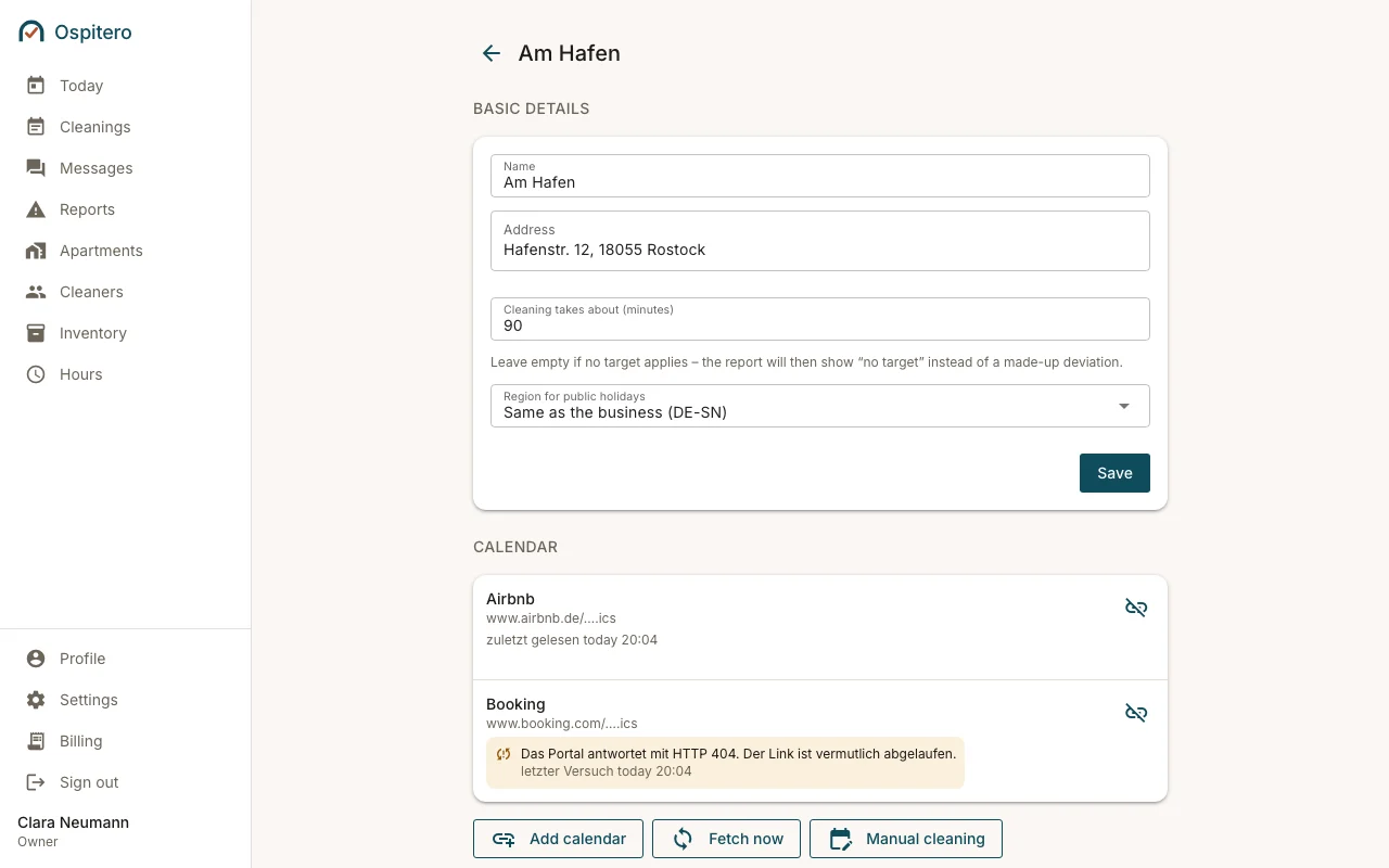Ospitero, Property: Per property: calendar links, regular cleaner, checklist and target time.