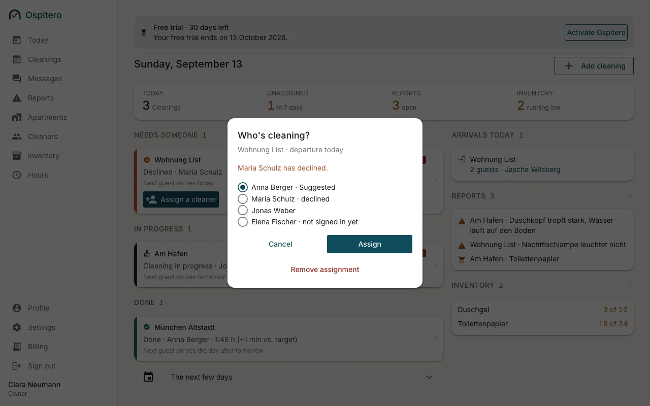 The “Assign cleaner” dialog on the dashboard, with the list of cleaners to choose from.