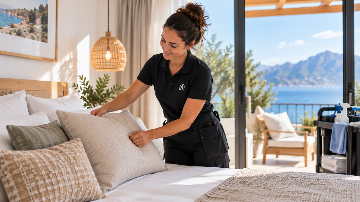 A cleaner making the bed in a bright holiday flat with a sea view.