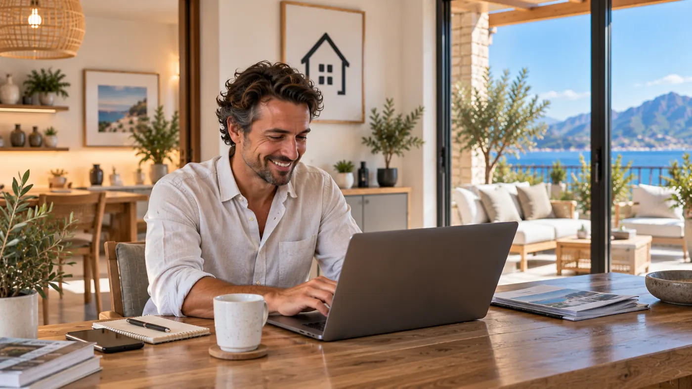 A host sitting with a laptop at the dining table of a holiday flat.